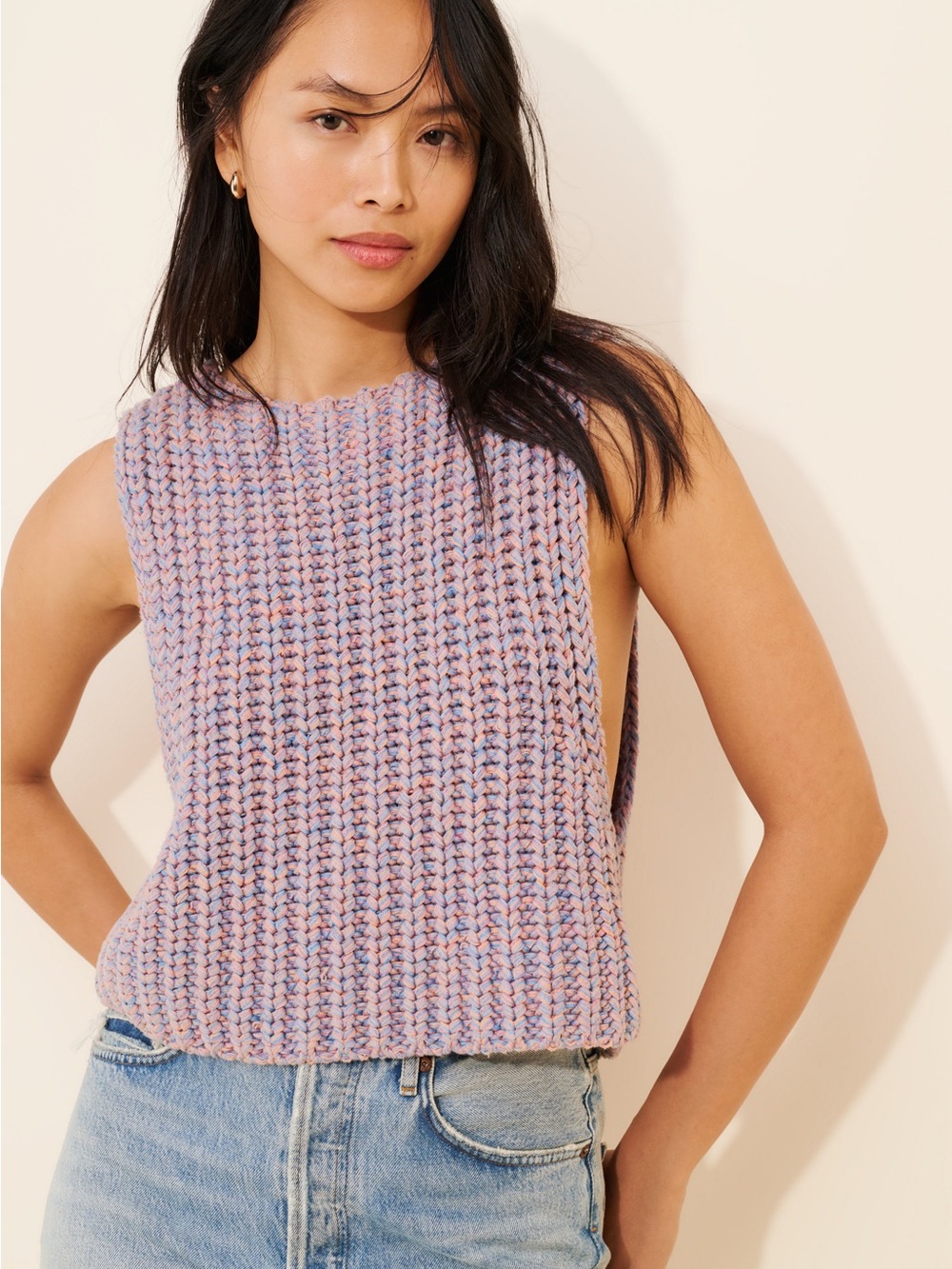 Free People Hoopla Blue-Peach-Purple chunky Braided Knit oversized Tank vest XS